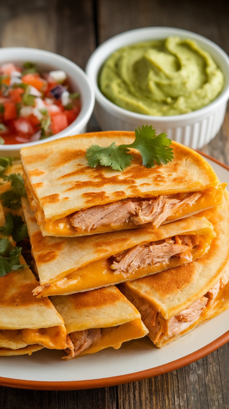 Golden crispy chicken quesadillas filled with cheese and shredded chicken, served with salsa and guacamole.